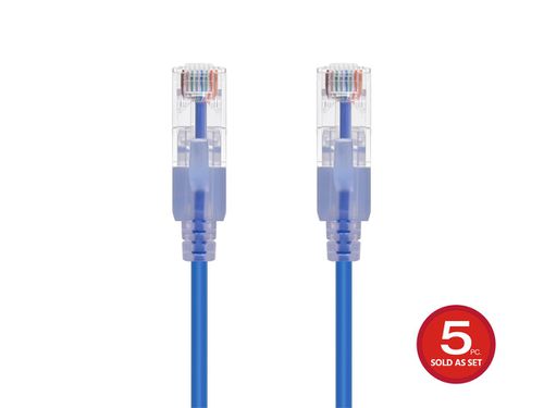 Cat6A 5ft Blue 5-Pk Patch Cable, UTP, 30AWG, 10G, Pure Bare Copper, Snagless RJ45, SlimRun Series Ethernet Cable