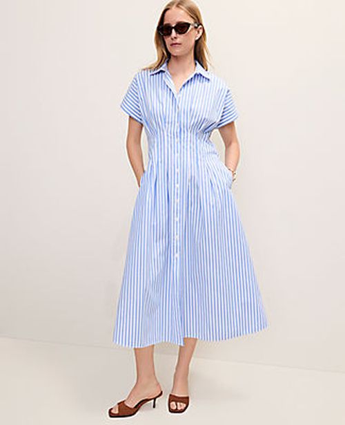 Ann Taylor Weekend Striped Pleated Midi Shirtdress
