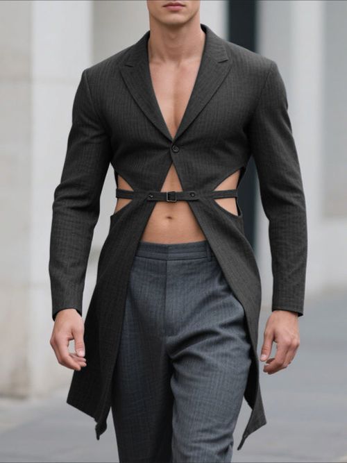 Men's Hollow Cropped Long Sleeve Blazer SKUL30653 - Black / S