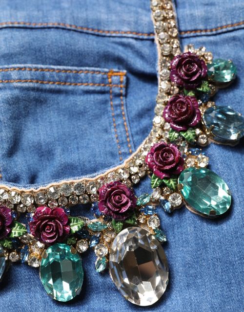 Embellished Cotton Denim Bermuda Shorts — Blue