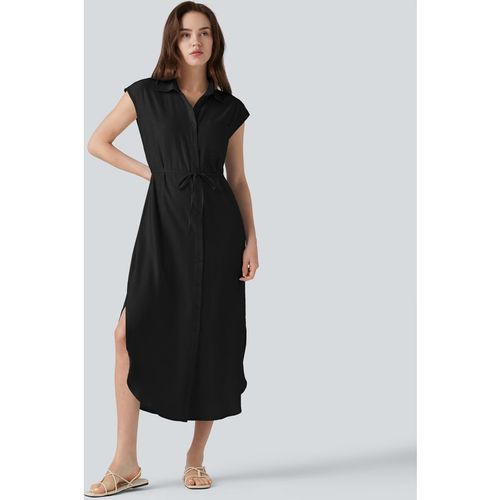Halara Collar Cap Sleeve Belted Curved Split Hem Midi Casual Linen-Blend Shirt Dress with Pockets - Black
