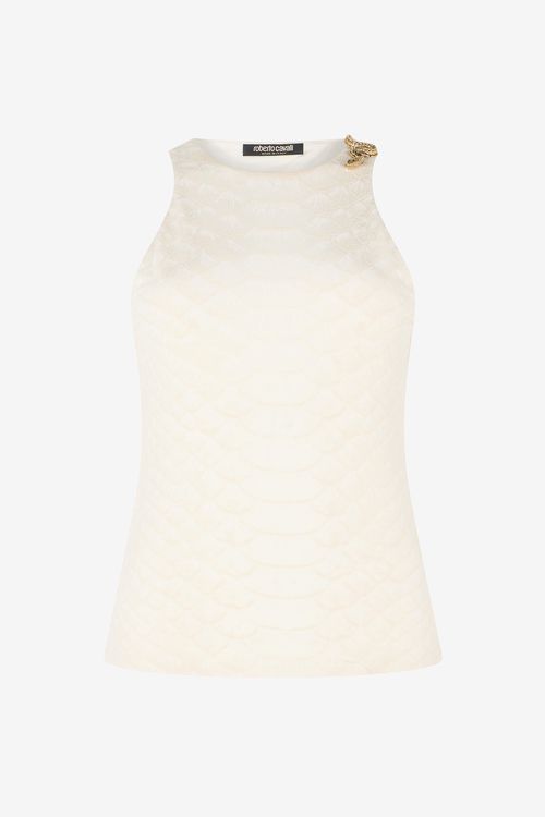 White Sleeveless Top With Snake And Scale Print
