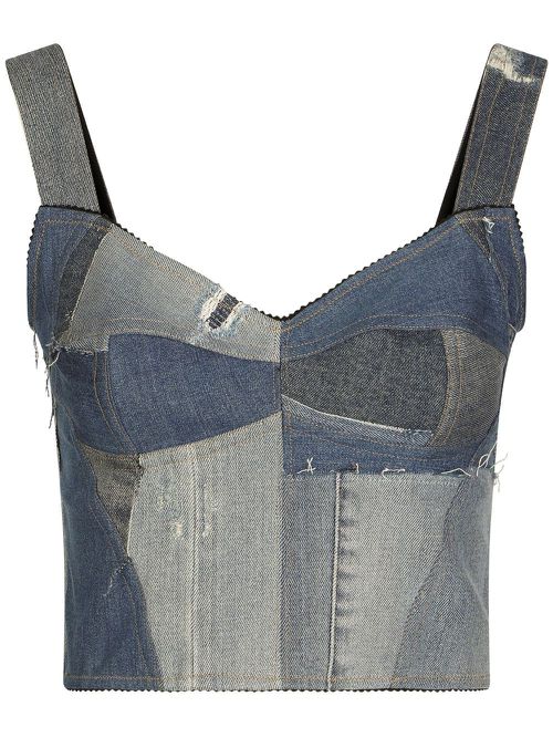 Denim-patchwork vest top - Blue