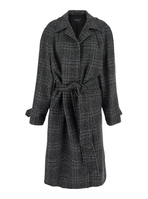 Grey Coat With Wide Notched Revers And All-over Check Motif In Wool Woman