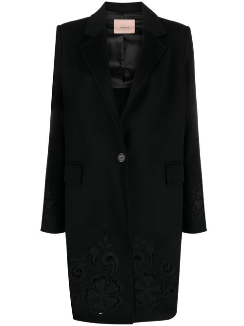 Floral-embroidered single-breasted coat - Black