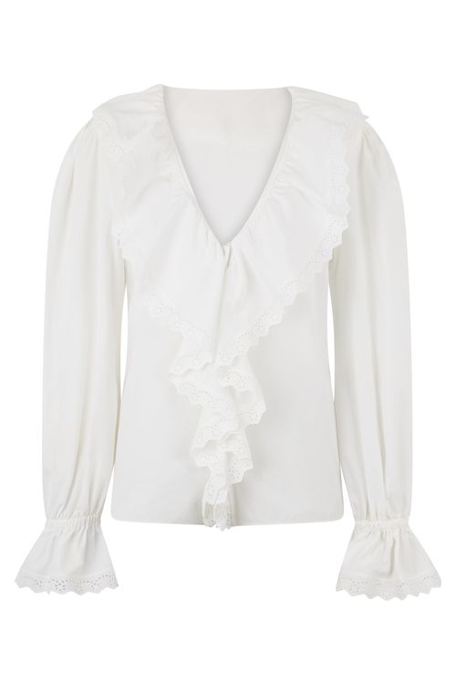 V-Neck Cotton Poplin Blouse with Ruffle & San Gallo Lace