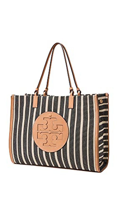 Tory Burch Women's Ella Striped Canvas Tote, Black/Ivory, One Size