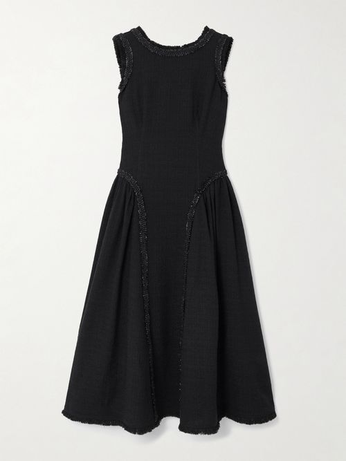 Open-back Metallic-trimmed Bouclé-tweed Midi Dress - Black