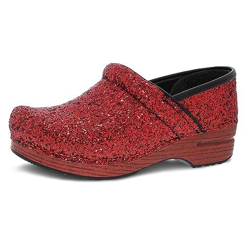 Dansko Professional Glitter Slip-On Clogs for Women – Rocker Sole and Arch Support for Comfort – Shiny and Stylish Glitter Uppers Red Glitter