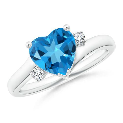 Angara 2.1 Carats Solitaire Heart Swiss Blue Topaz Bypass Ring with Diamonds in Silver