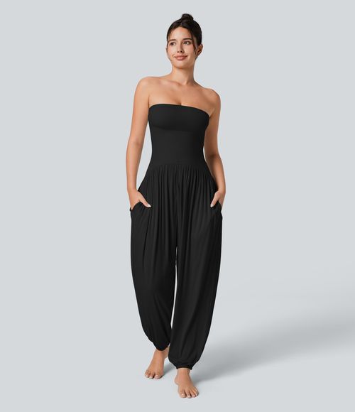 Ribbed Tube Backless Side Pocket Casual Jumpsuit  - Black