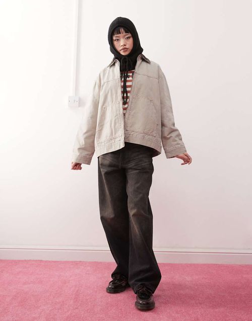 Monki short canvas jacket with cord collar in beige-Neutral