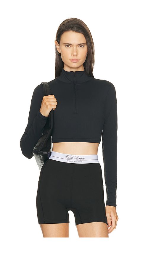 Gold Hinge Athletic Half Zip Crop Top in Black. L. Also in M, S