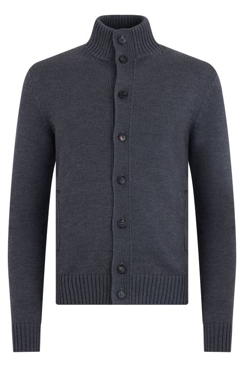 Virgin Wool Lapel Collar Cardigan — Gray