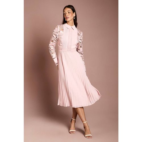 Coast Women's Long Sleeve Lace & Pleated Midi Shirt Dress in Blush