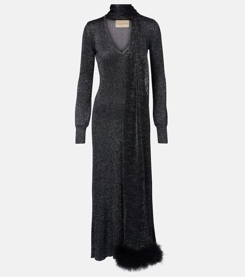Feather-trimmed lamé maxi dress