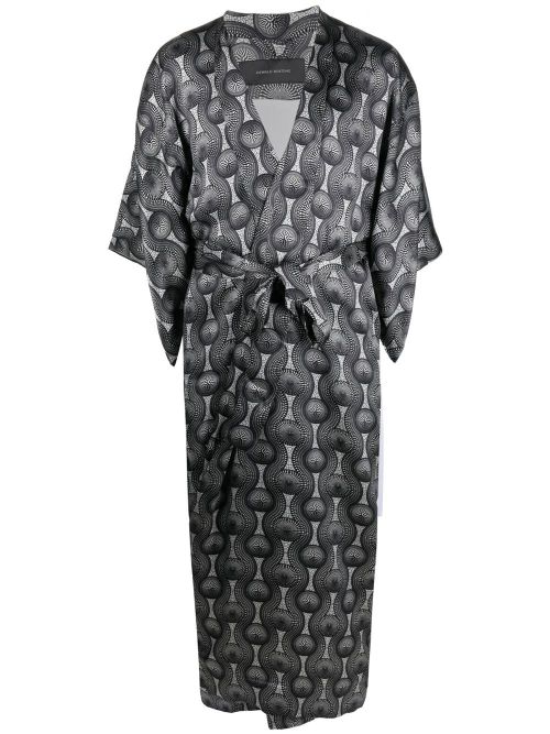 Geometric-Print Silk Kimono — Black
