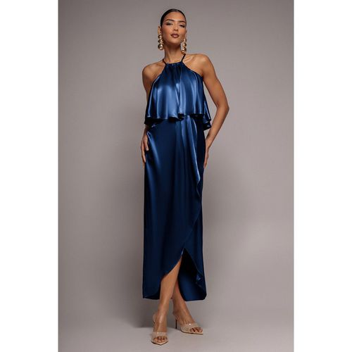 Goddiva Satin Viscose Front Wrap Midaxi Dress - Navy