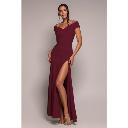 Goddiva Scuba Crepe Off Shoulder Front Split Maxi Dress - Wine