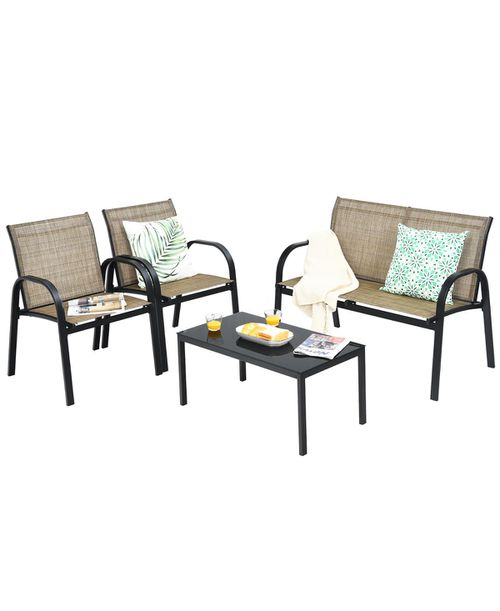4 Pcs Patio Furniture Set Sofa Coffee Table Steel Frame Garden - Brown