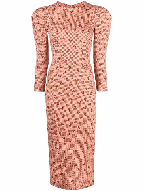 Printed puff-sleeve dress - Neutrals