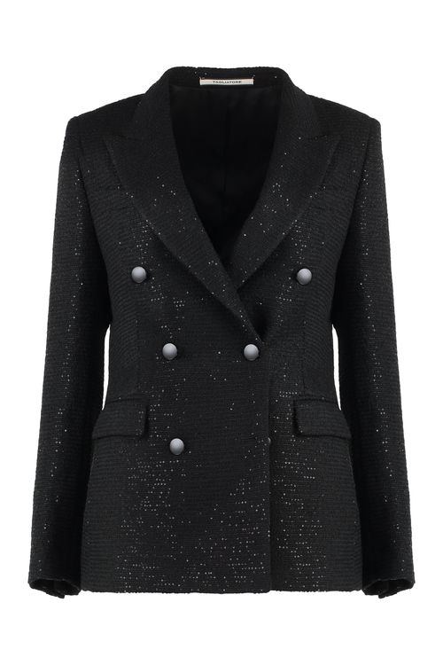 Sequin Double-Breasted Blazer with Padded Shoulders