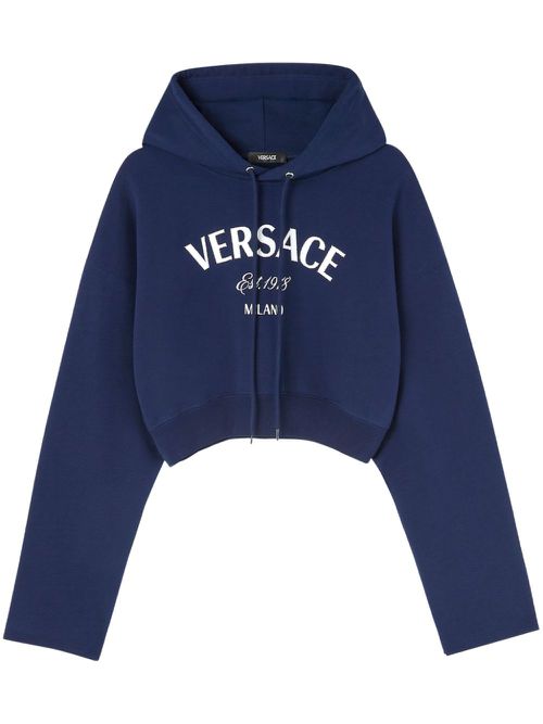 Logo-embroidered drawstring cropped hoodie - Blue