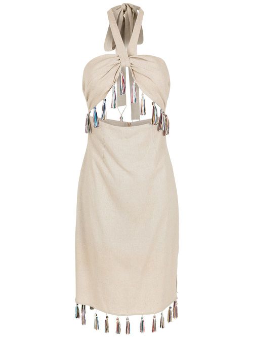 Tassel-trim halterneck midi dress - Neutrals