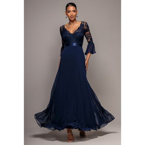 Goddiva Scalloped Lace Bodice Pleated Chiffon A Line Maxi Dress - Navy Blue