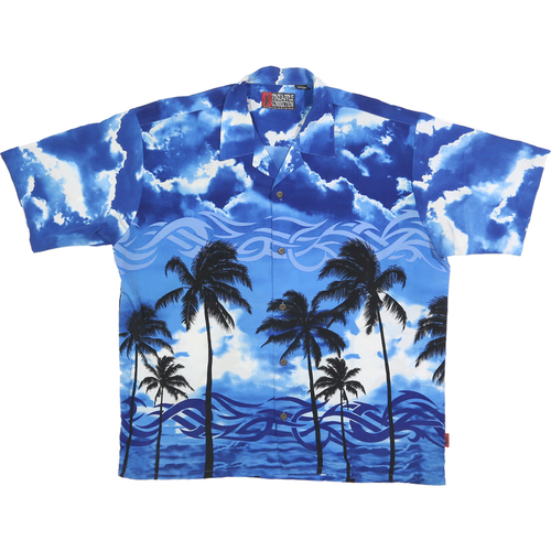 PINEAPPLE COLLECTION Mens Blue Hawaiian Shirt L Tropical Palm Tree Print
