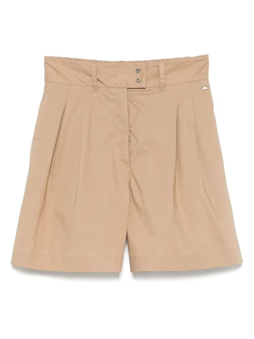 Cotton-Blend Pleated Shorts — Beige