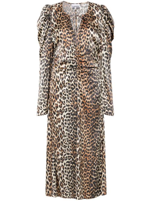 Leopard-print ruched midi dress - Brown