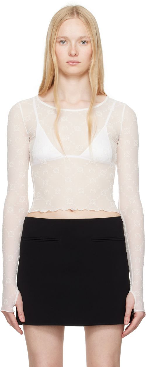 Marine Serre White Recycled Mesh Flock Second Skin Cropped T-shirt