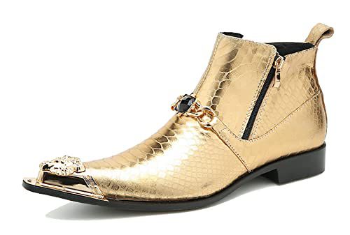 Santimon Mens Chelsea Boots Casual Dress Ankle Boots Genuine Leather Metal Pointed-Toe Double Zipper Gold Chain Western Boots Fashion Prom Wedding Tuxedo Party Singer Cowboy Boots for Men Gold