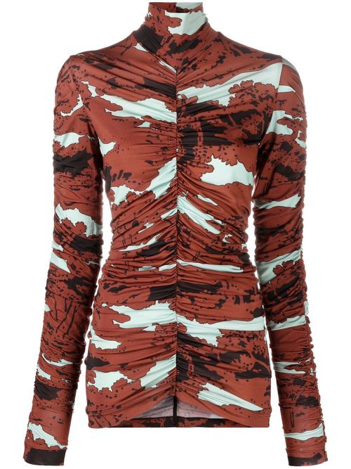 Abstract-print ruched roll-neck top - Blue