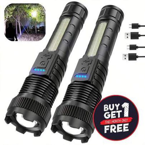 Buy 1 Get 1 Free, Total Of 2pcs Multifunctional Flashlights High Lumens Rechargeable Led Battery Powered With 6 Light Modes, Cob Side Light, USB C, Zo