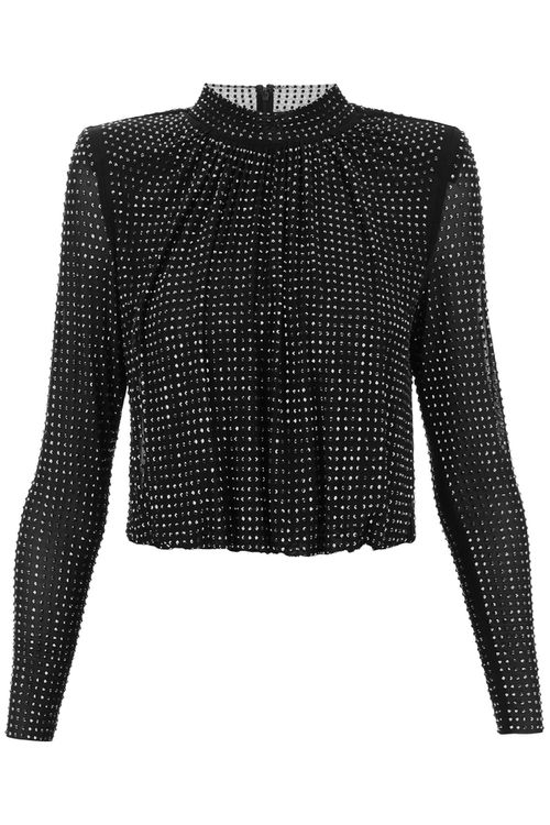 Rhinestone-Studded Mesh Long-Sleeved Top