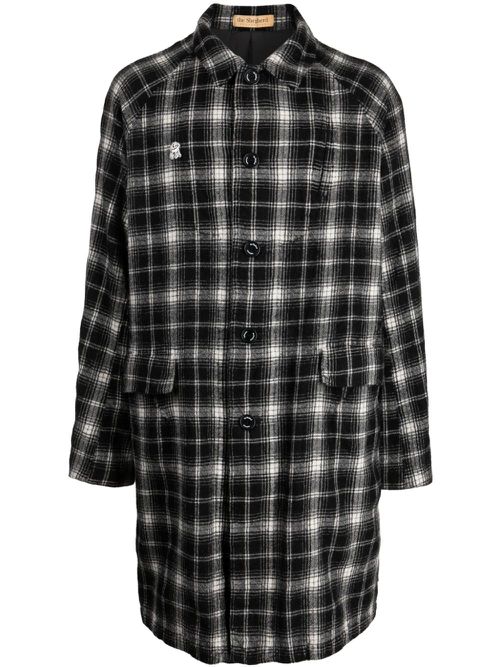 Check-pattern logo-patch wool coat - Black