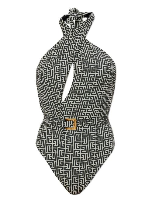 Geometric-Jacquard One-Piece Swimsuit — Black