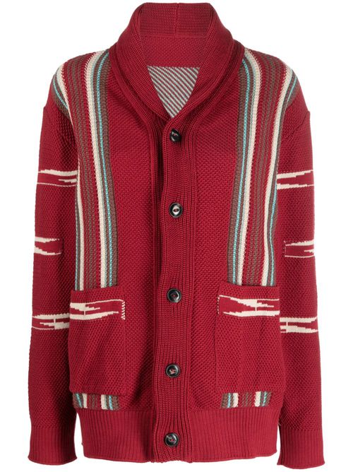 Stripe-detail long-sleeve knitted cardigan - Red