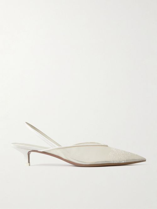 Irena Satin And Lace-trimmed Mesh Slingback Pumps - Cream