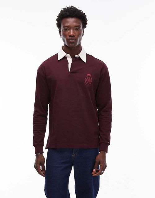 Crest logo long sleeve rugby polo shirt in burgundy-Red