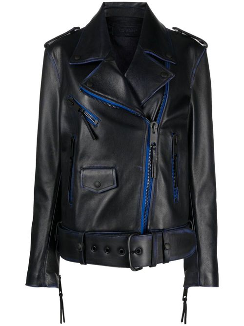 Contrast-trim leather jacket - COBALT BLUE WHITE