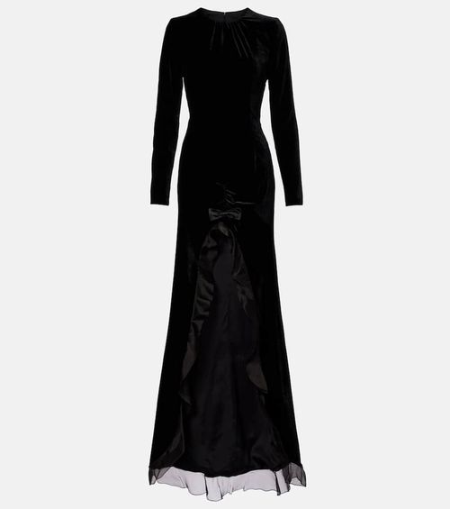 Ruched silk-trimmed asymmetric velvet gown