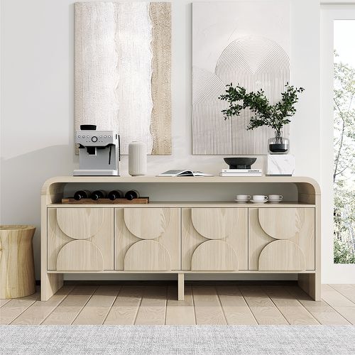 1800mm Wood Sideboard Buffet Japandi Distressed White Credenza Shelves & 4 Door