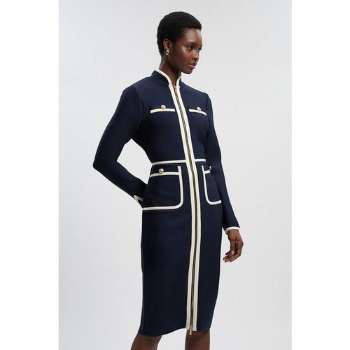 Karen Millen Women's Figure Form Bandage Knit Piping Detail Military Midi Dress in Navy