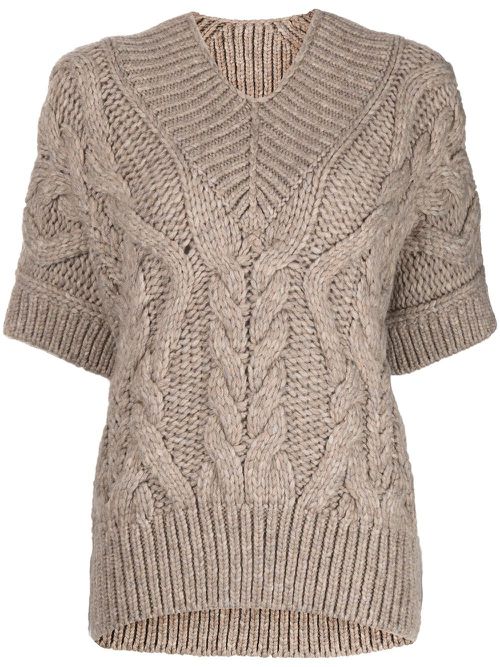 Cable-knit short-sleeved top - Brown