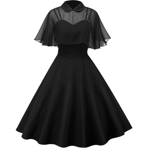 Retro Stage 1950s Cape Patchwork Swing Dress Black