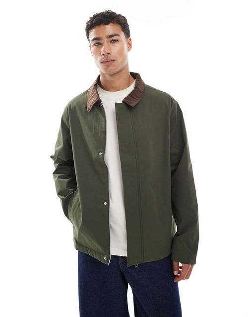Harrington jacket with cord collar in khaki-Green