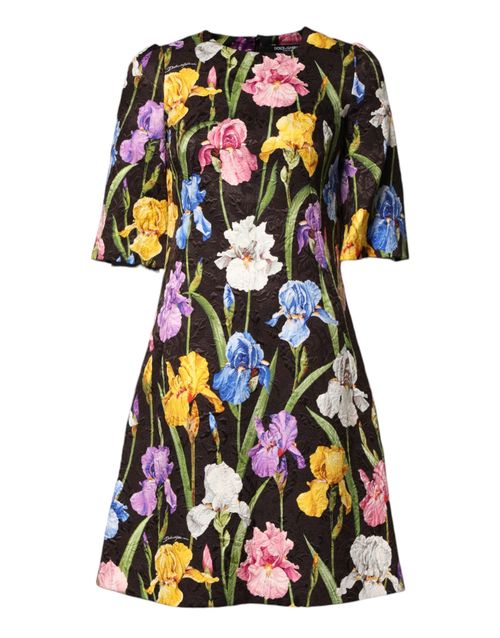 Floral Brocade A-Line Dress — Black